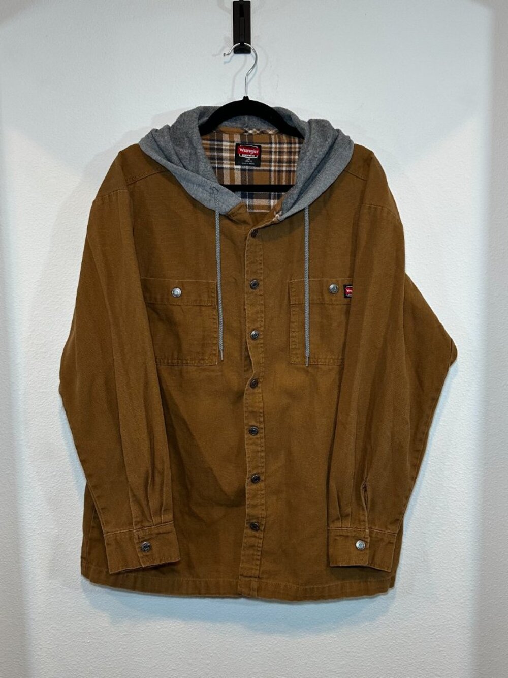 Wrangler Workwear Men's Brown Khaki Hooded Button Down Jacket Size Large